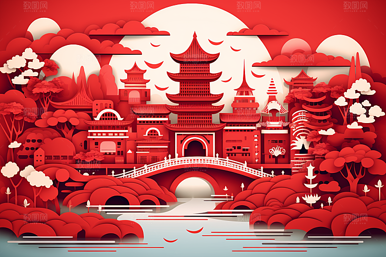 中国风建筑国潮传统风格剪纸