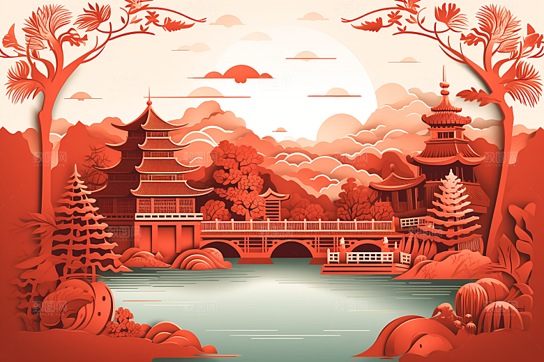 中国风建筑中式国潮剪纸