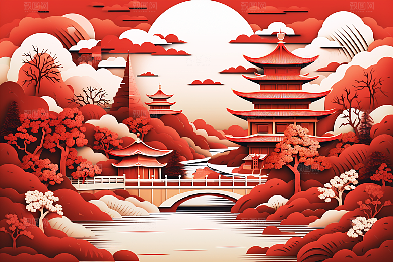 中国风建筑古建筑国潮剪纸