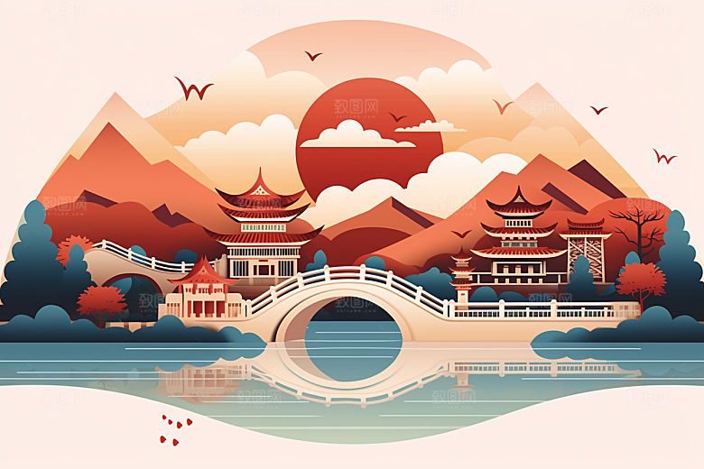 中国风建筑传统风格层次感剪纸