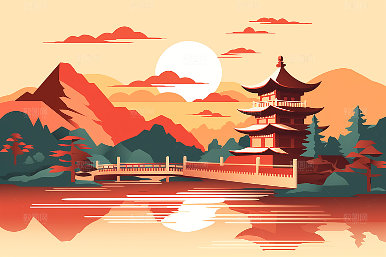 中国风建筑国潮文化剪纸