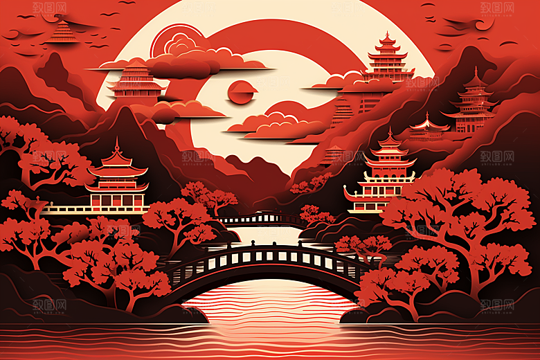 中国风建筑中式山水剪纸