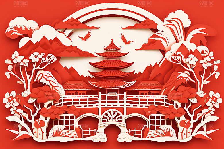 中国风建筑传统风格国潮剪纸