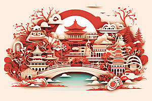 中国风建筑文化亭台楼阁剪纸