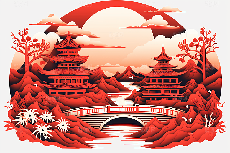 中国风建筑中式国潮剪纸