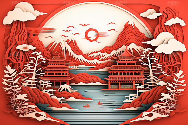 中国风建筑国潮亭台楼阁剪纸