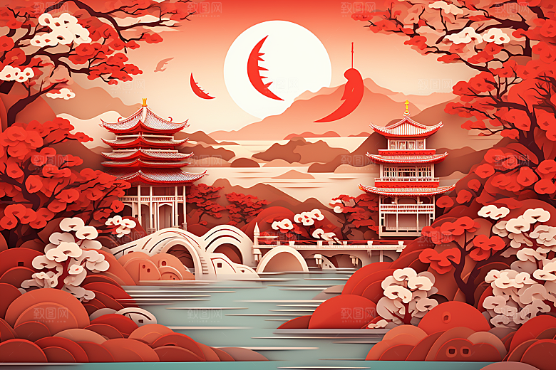 中国风建筑中式古建筑剪纸