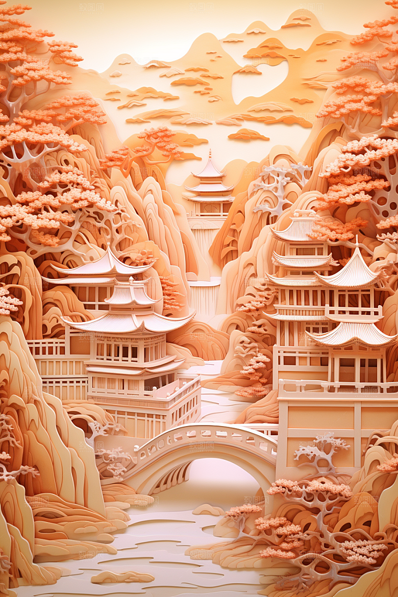 中国风建筑层次感中式剪纸