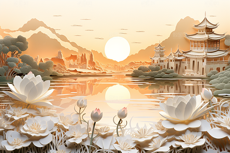 中国风建筑中式山水剪纸