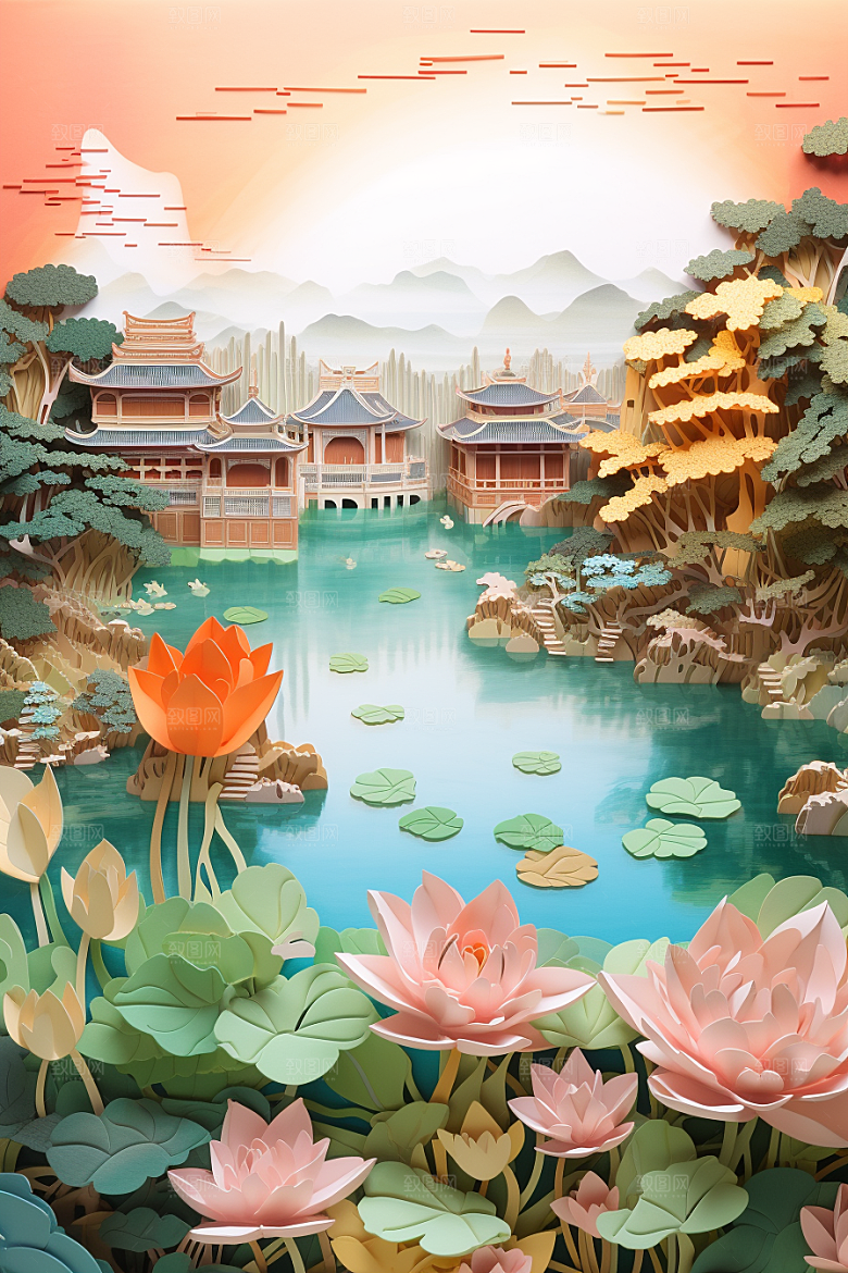 中国风建筑中式层次感剪纸