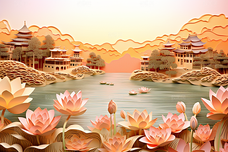 中国风建筑山水中式剪纸