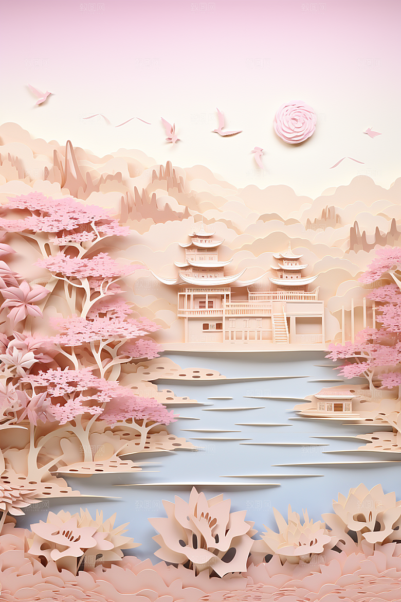 中国风建筑古建筑中式剪纸