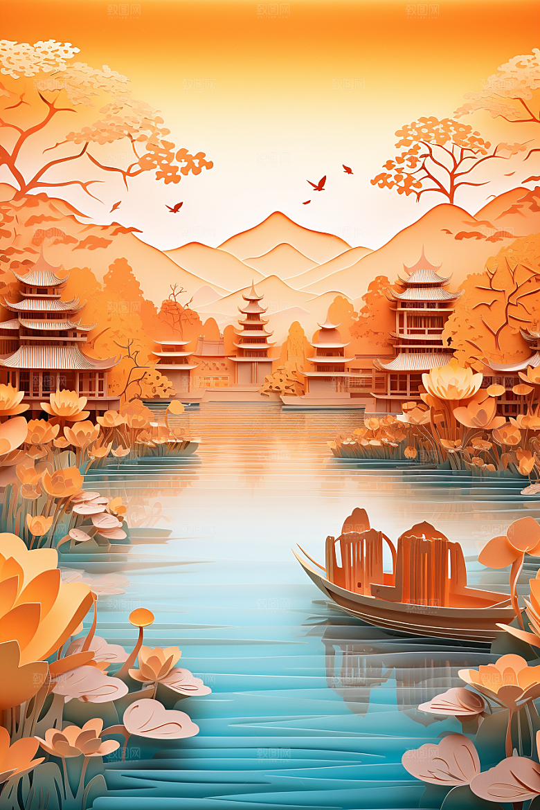 中国风建筑山水传统风格剪纸