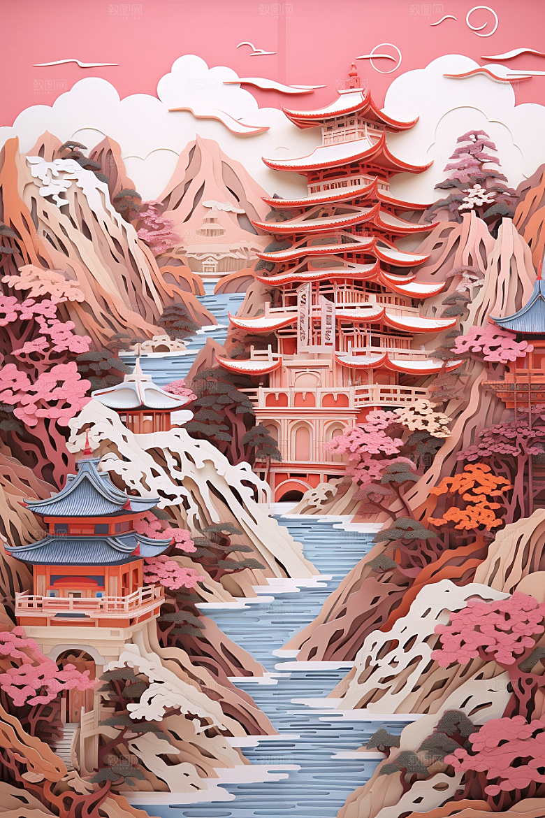 中国风建筑文化国潮剪纸