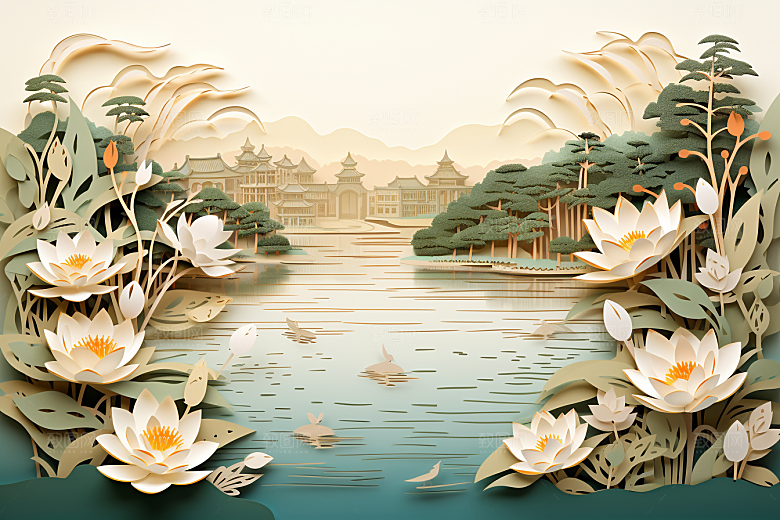 中国风建筑层次感国潮剪纸