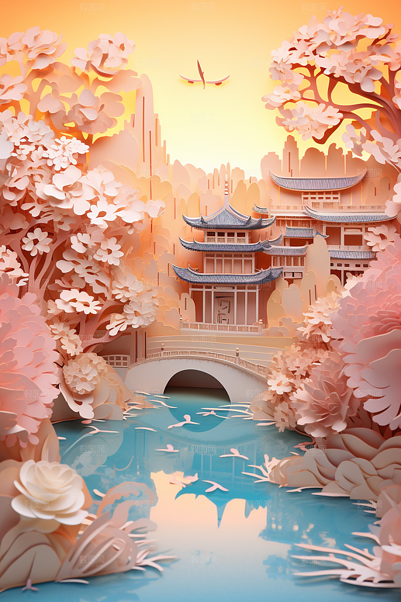 中国风建筑古建筑山水剪纸