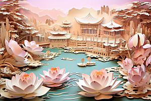 中国风建筑文化山水剪纸