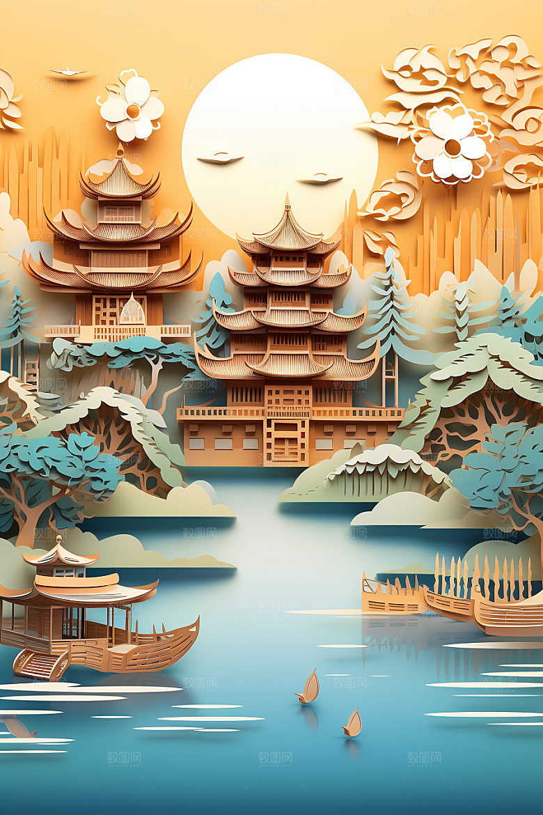 中国风建筑山水中式剪纸
