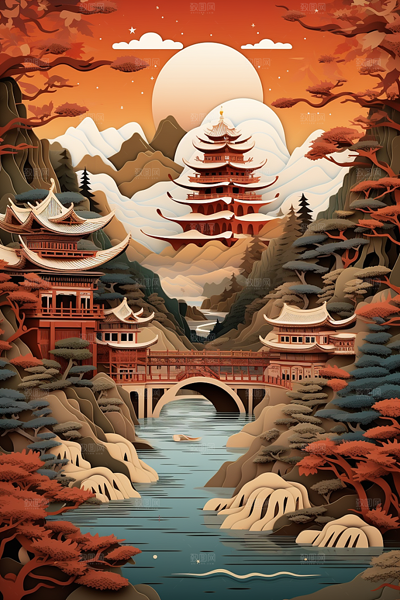 中国风建筑文化国潮剪纸