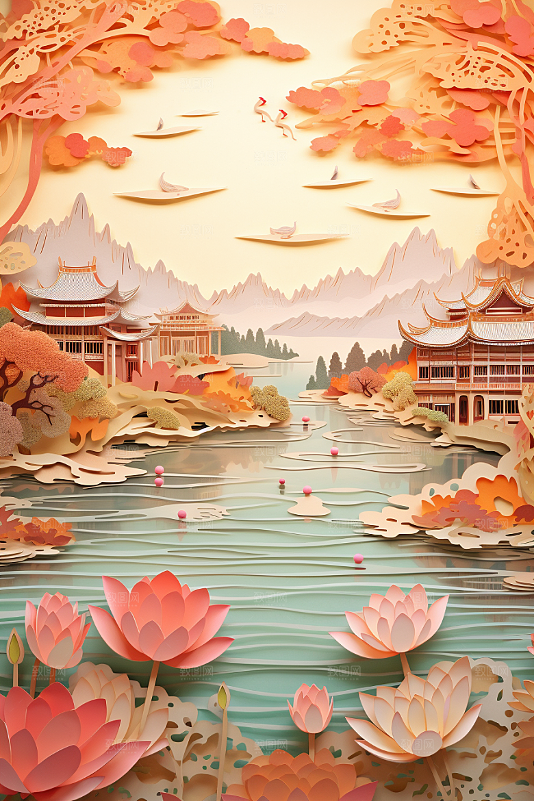 中国风建筑国潮山水剪纸