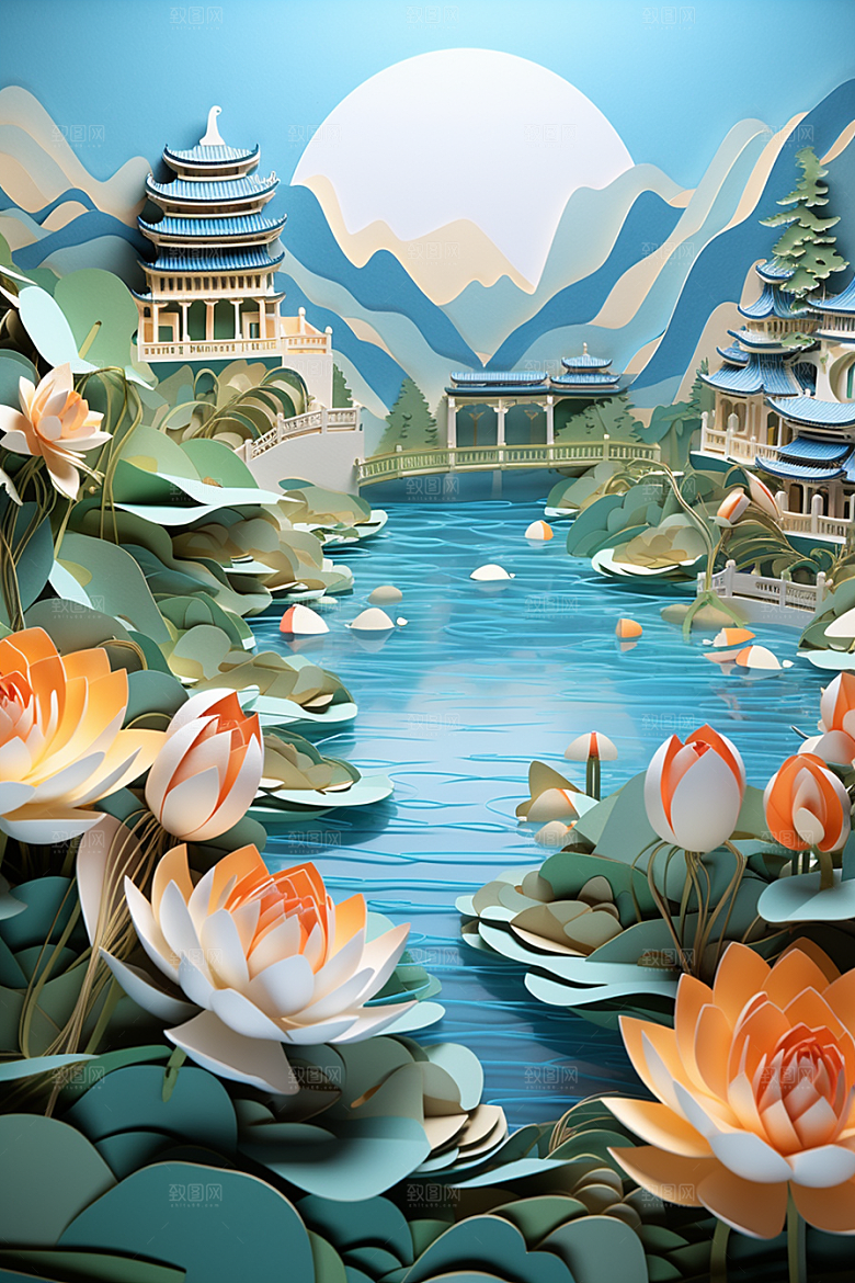 中国风建筑山水文化剪纸