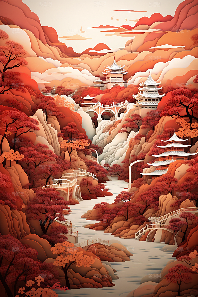 中国风建筑山水古建筑剪纸