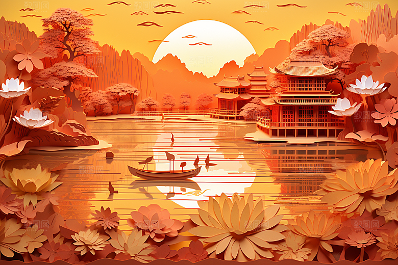 中国风建筑国潮山水剪纸