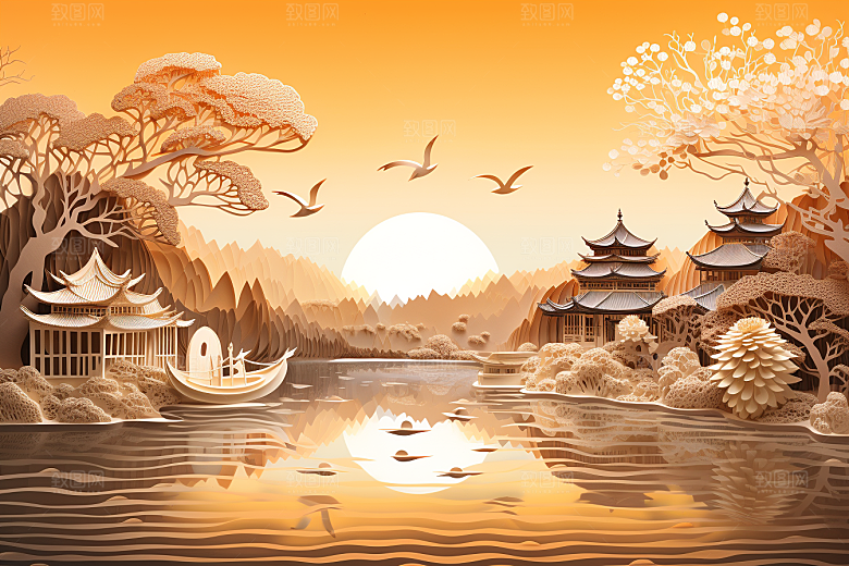中国风建筑中式山水剪纸