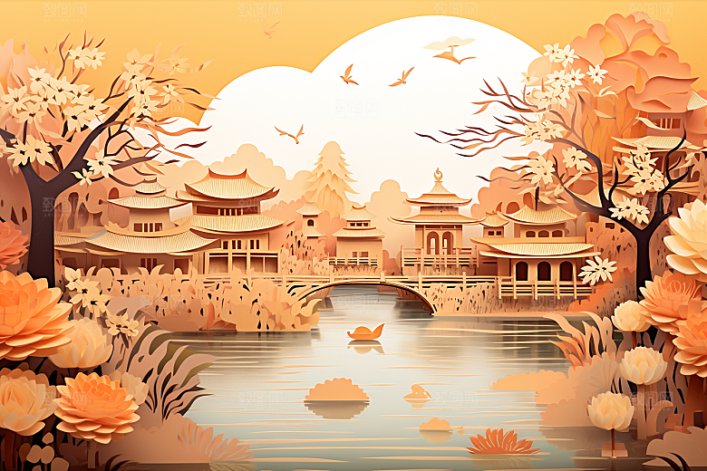 中国风建筑山水中式剪纸