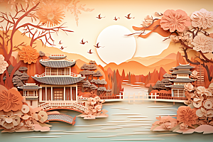 中国风建筑层次感传统风格剪纸