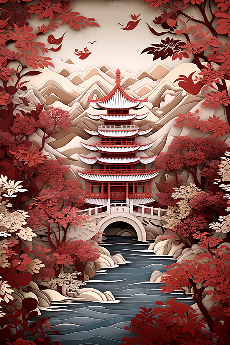 中国风建筑山水古建筑剪纸