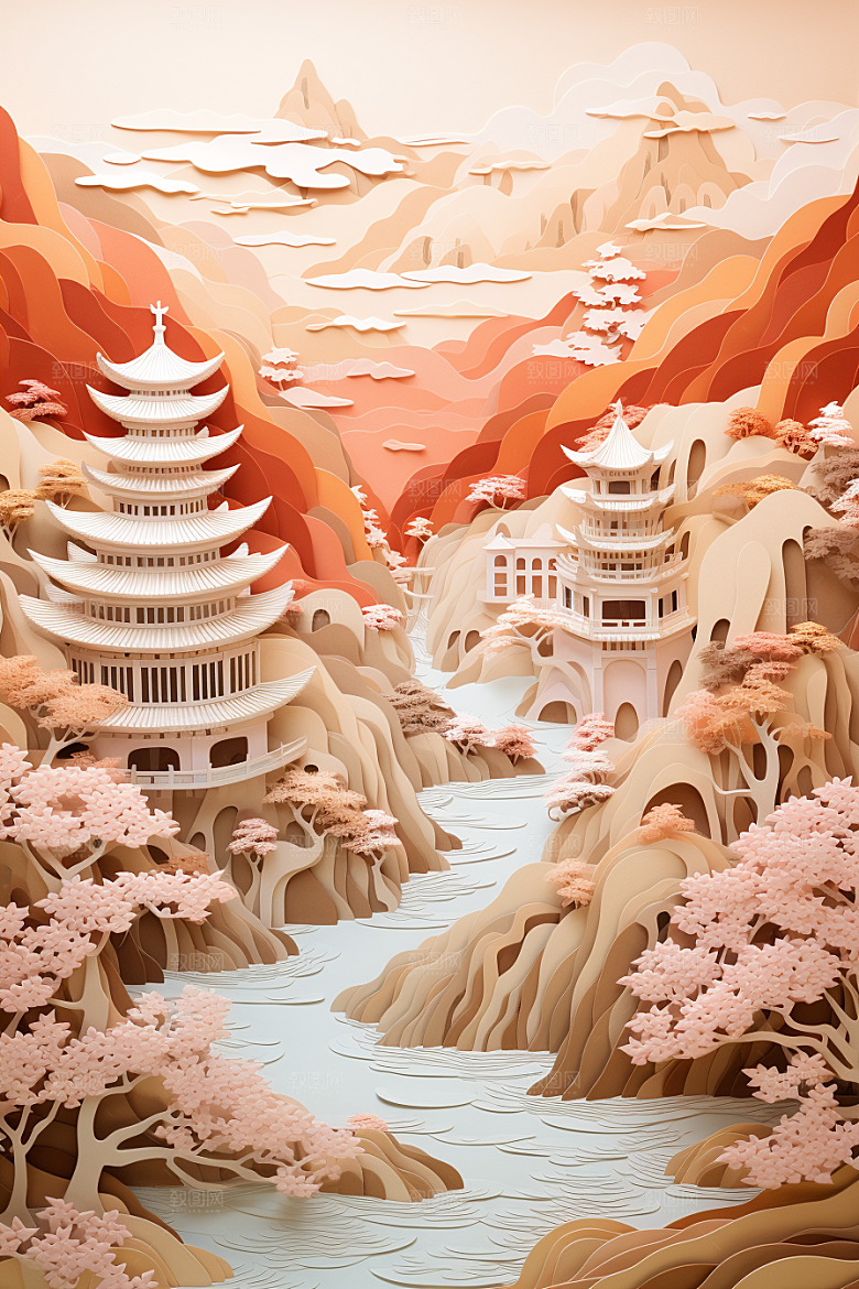 中国风建筑山水文化剪纸