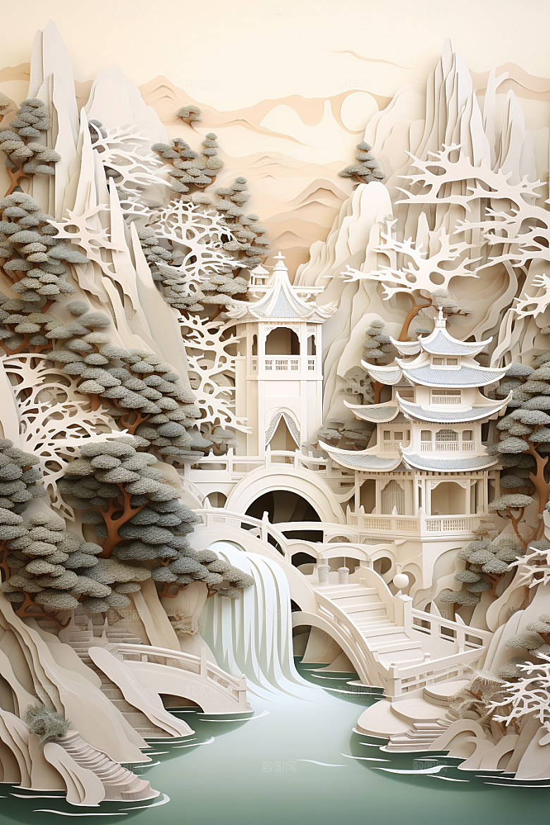 中国风建筑山水文化剪纸