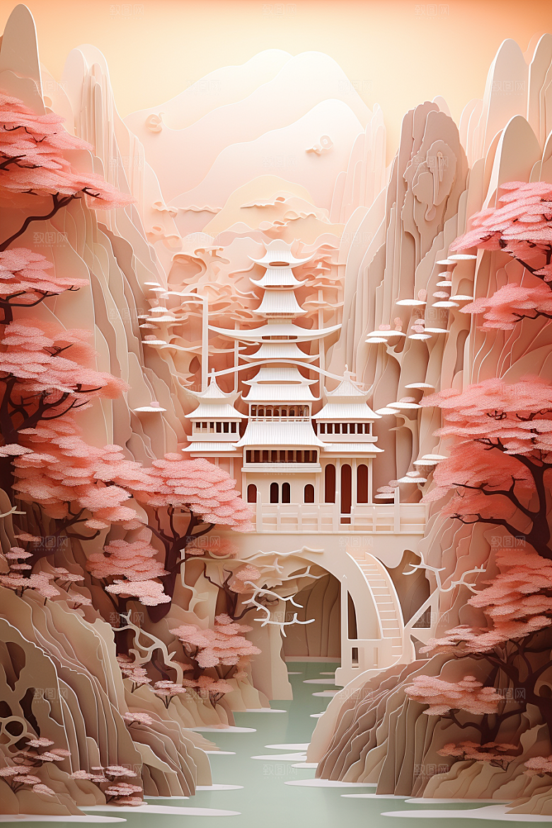 中国风建筑层次感中式剪纸