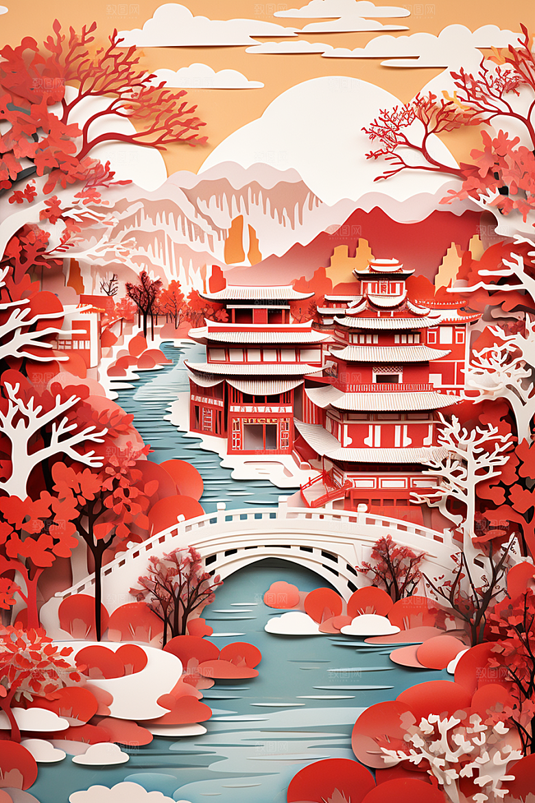 中国风建筑中式古建筑剪纸