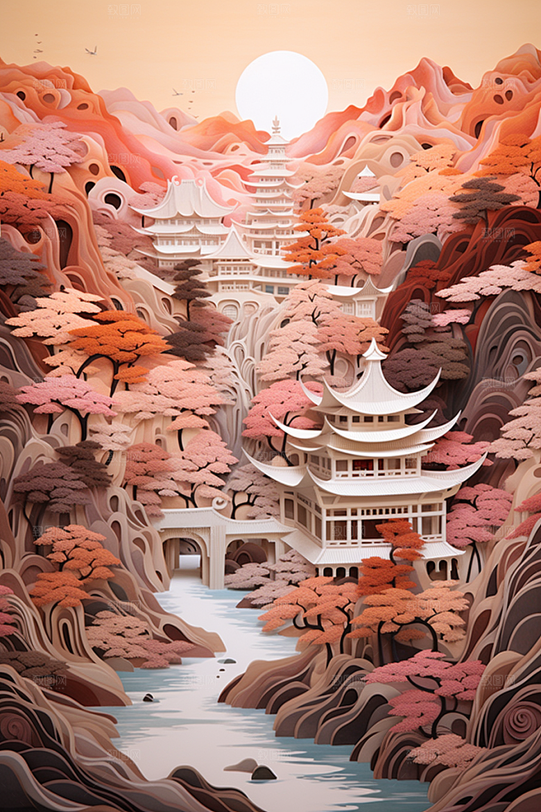 中国风建筑国潮中式剪纸