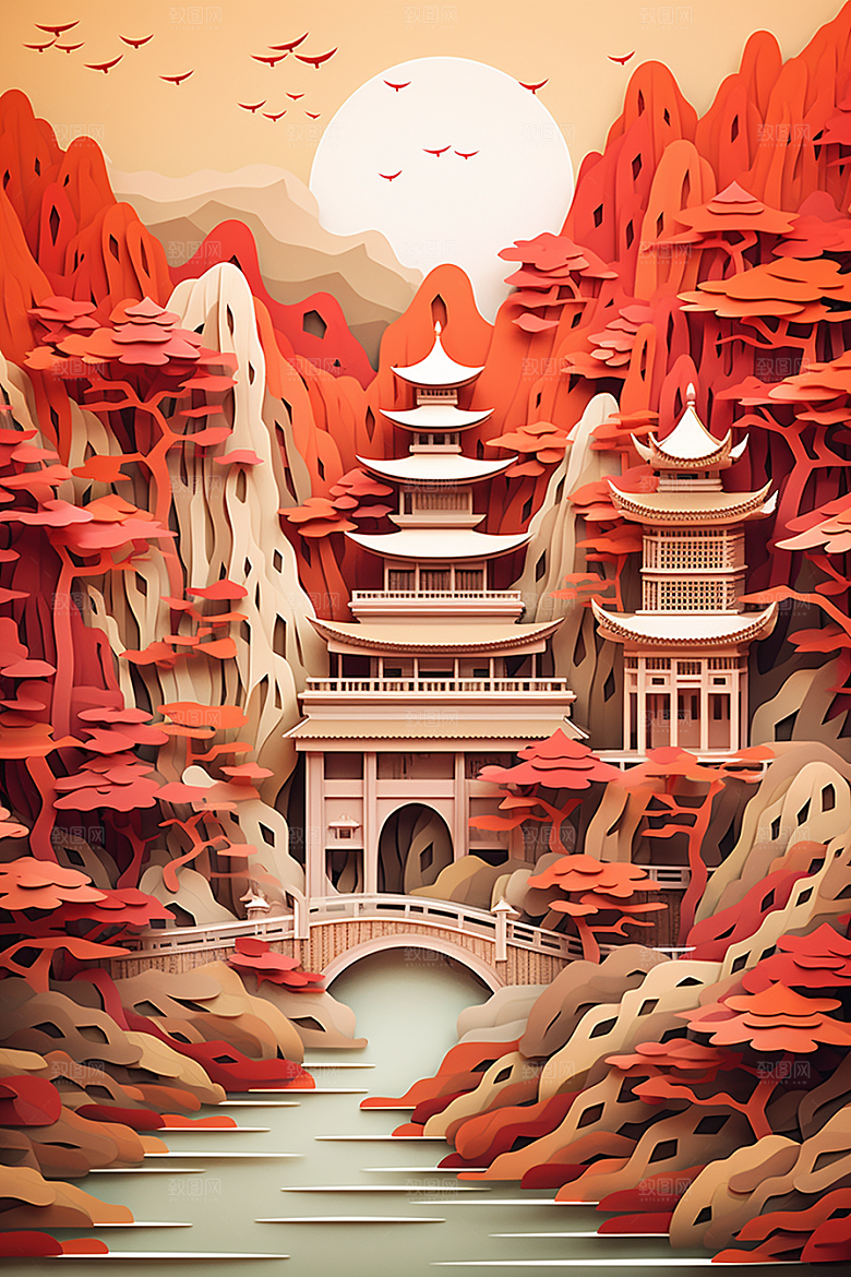 中国风建筑亭台楼阁古建筑剪纸