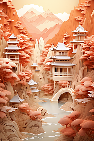 中国风建筑文化传统风格剪纸