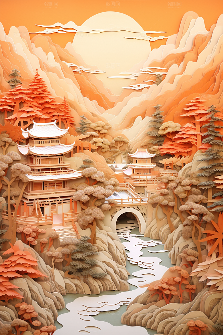 中国风建筑国潮山水剪纸
