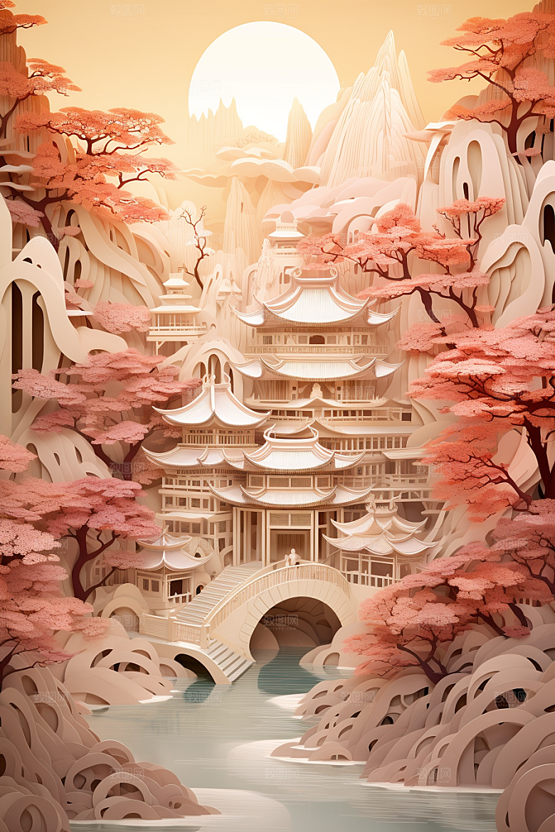 中国风建筑古建筑中式剪纸