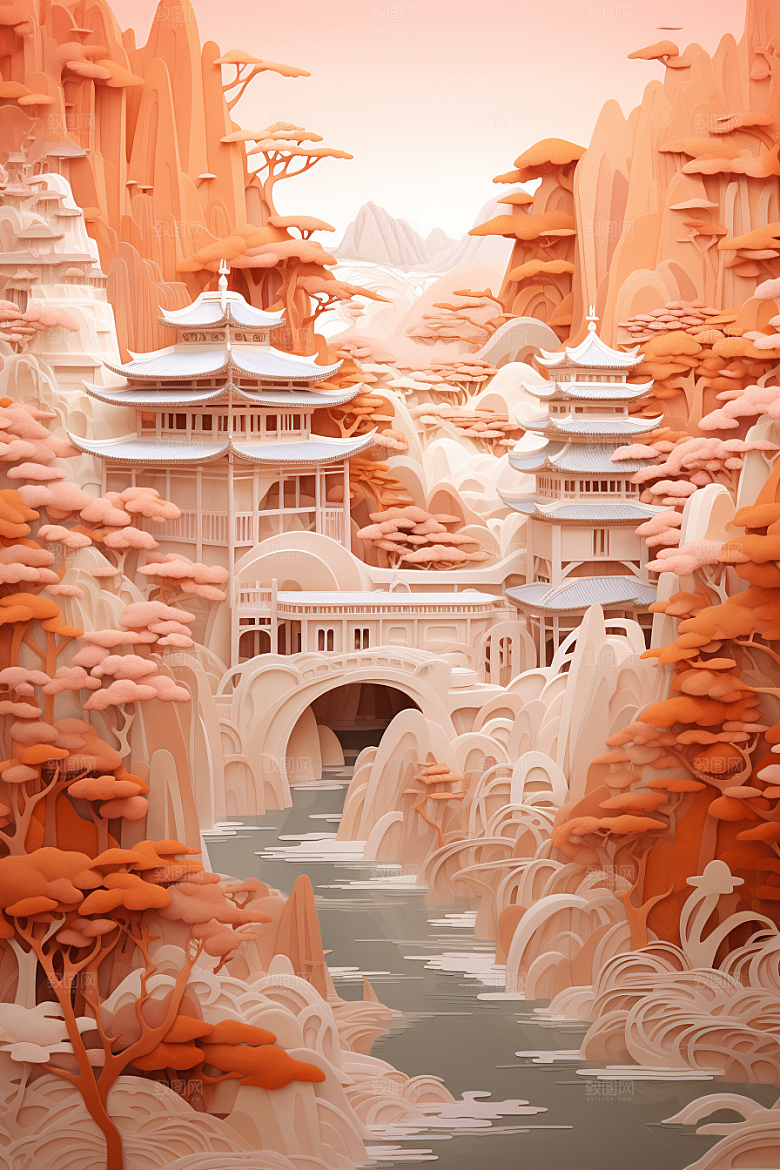 中国风建筑山水国潮剪纸