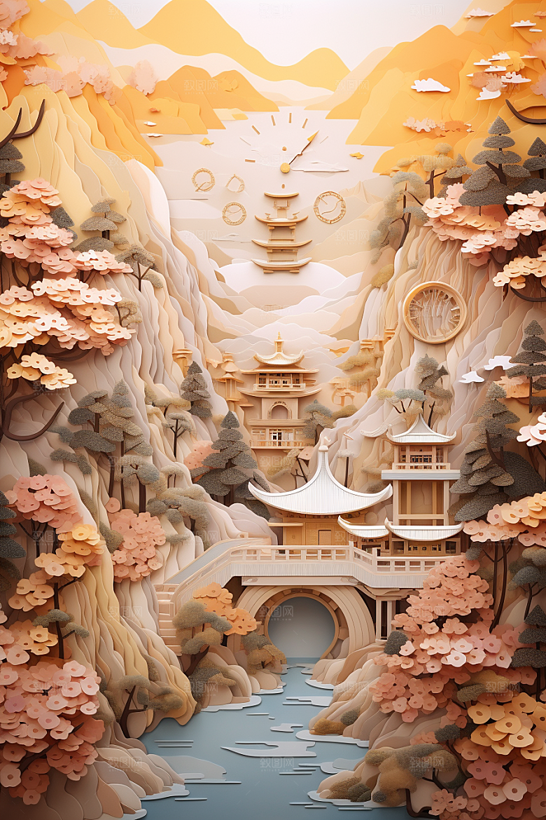 中国风建筑亭台楼阁中式剪纸