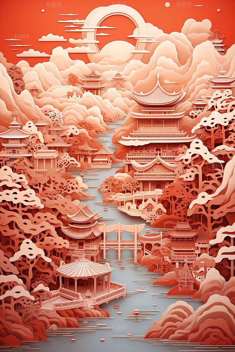 中国风建筑山水层次感剪纸
