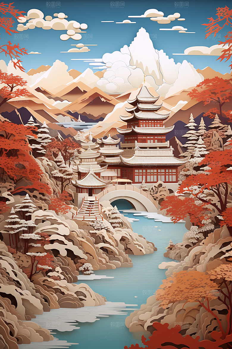中国风建筑古建筑中式剪纸