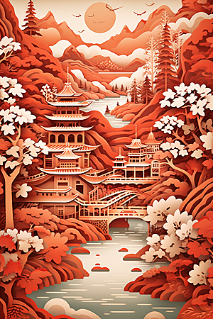 中国风建筑国潮传统风格剪纸