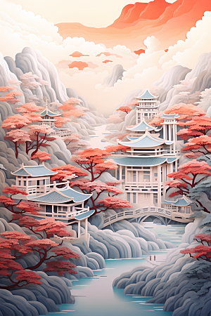 中国风建筑文化亭台楼阁剪纸