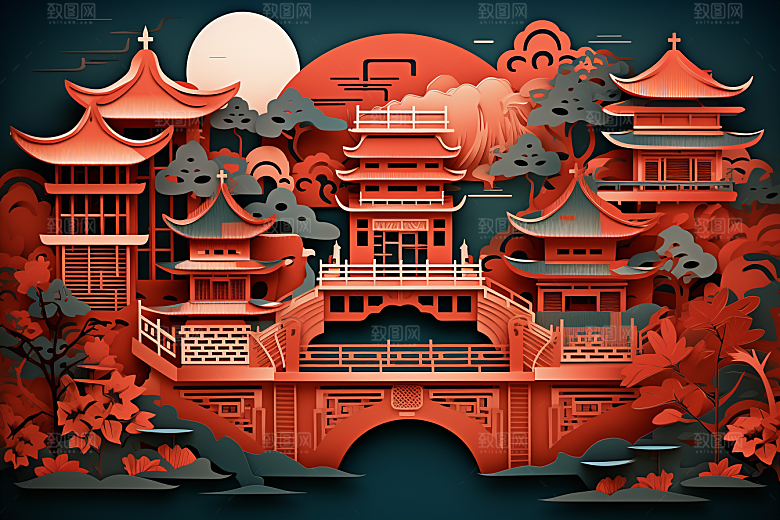 中国风建筑国潮文化剪纸