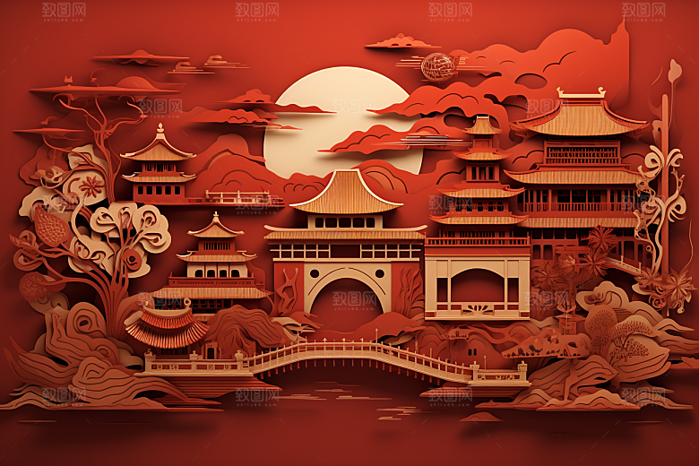 中国风建筑亭台楼阁国潮剪纸