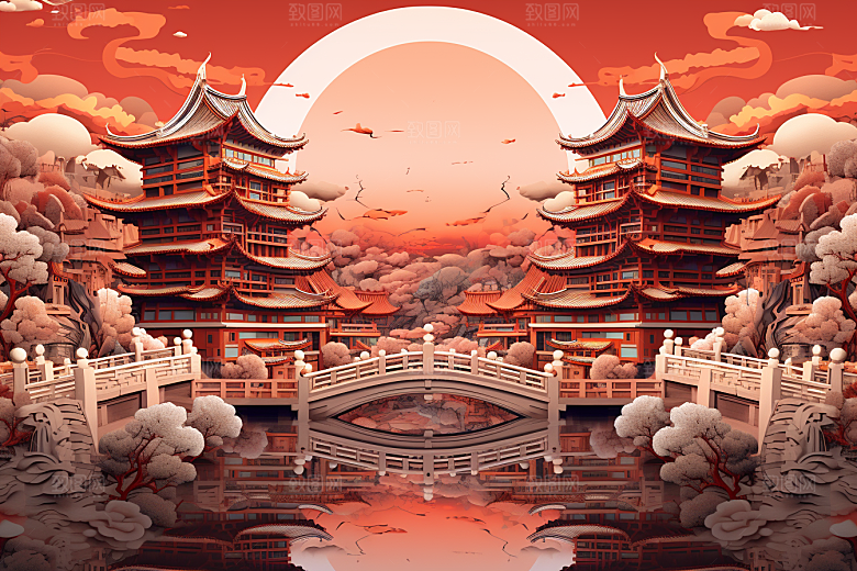 中国风建筑亭台楼阁传统风格剪纸