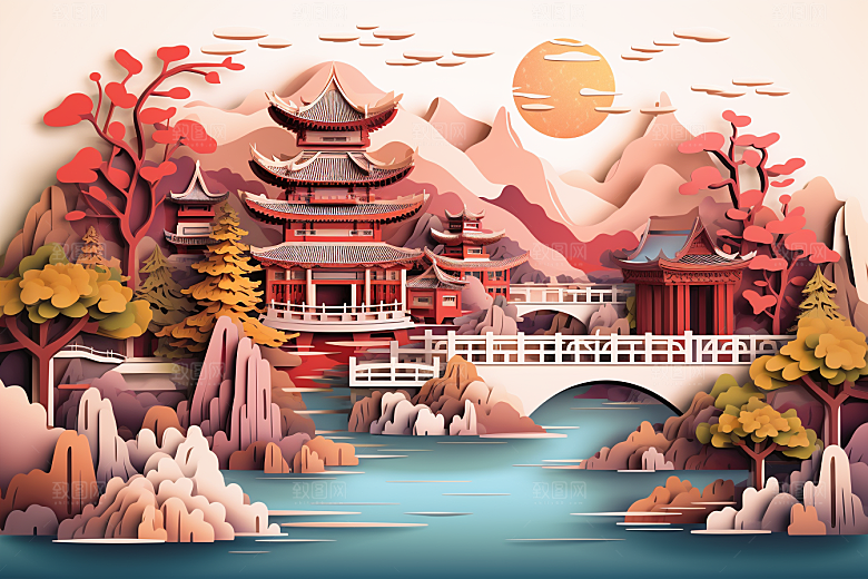 中国风建筑层次感中式剪纸